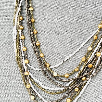 MULTI STRAND BEADED NECKLACE IN GOLD BRONZE & WHITE CONTEMPORARY NATIVE AMERICAN STYLE