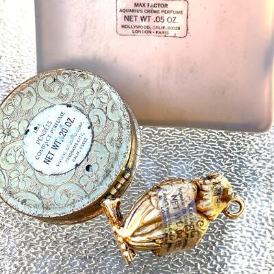 GROUP OF 5 VINTGE FIGURAL PERFUME SOLIDS ELEPHANT OWL FISH COMPACT MAX FACTOR