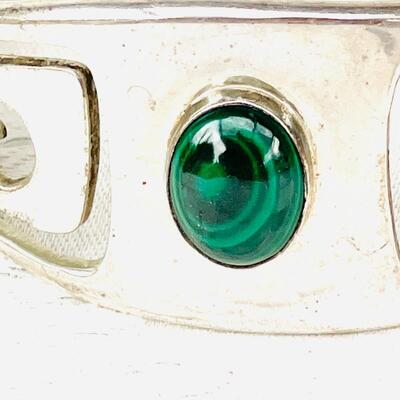MODERNIST MEXICAN STERLING SILVER CUFF BRACELET MALACHITE STONE