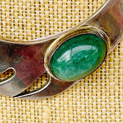 MODERNIST MEXICAN STERLING SILVER COLLAR NECKLACE MOSSY GREEN STONE
