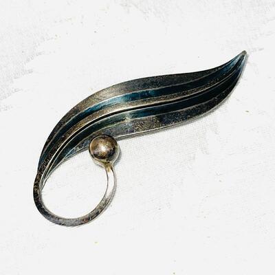 MODERNIST "delfina" MEXICO NIELLO STERLING SILVER LEAF PIN TAXCO