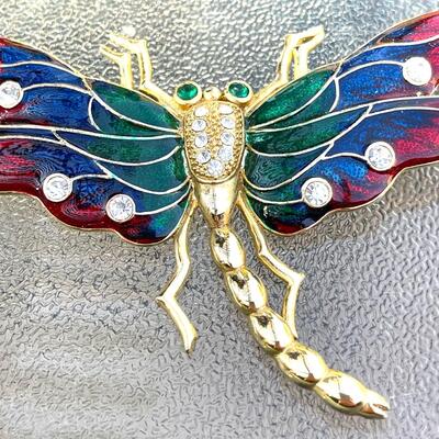 COSTUME JEWELRY EXTRA LARGE DRAGON FLY JEWEL TONES LAPEL BROOCH