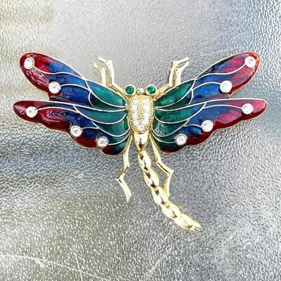 COSTUME JEWELRY EXTRA LARGE DRAGON FLY JEWEL TONES LAPEL BROOCH