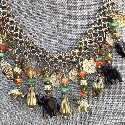 FUNKY BOHO CLUSTER BIB NECKLACE ELEPHANTS & COINS