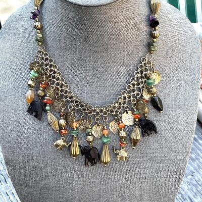 FUNKY BOHO CLUSTER BIB NECKLACE ELEPHANTS & COINS