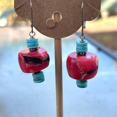 PAIR OF FAUX RED CORAL & TURQUOISE DROP EARRINGS FOR PIERCED EARS