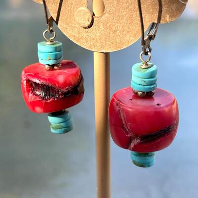 PAIR OF FAUX RED CORAL & TURQUOISE DROP EARRINGS FOR PIERCED EARS