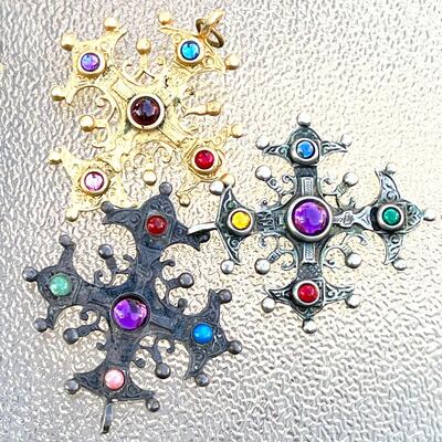 MODERN REPLICAS GROUP OF THREE JEWELED BYZANTINE CROSSES ORNAMENTS