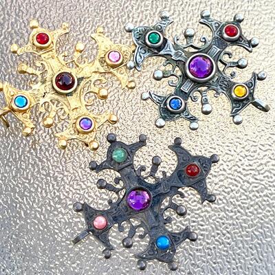 MODERN REPLICAS GROUP OF THREE JEWELED BYZANTINE CROSSES ORNAMENTS