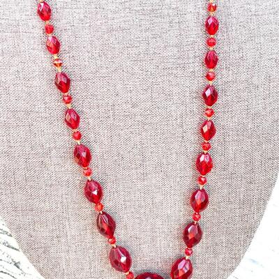 ANTIQUE FACETED RED GLASS GRADUATED BEADS HAND KNOTTED NECKLACE OPERA LENGTH