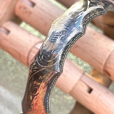 VINTAGE STERLING SILVER BAMBOO BANGLE BRACELET ETCHED & CROSS HATCHED DESIGN