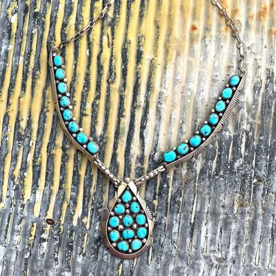 VINTAGE NATIVE AMERICAN NAVAJO STERLING SILVER & TURQUOISE SECTIONAL NECKLACE UNSIGNED