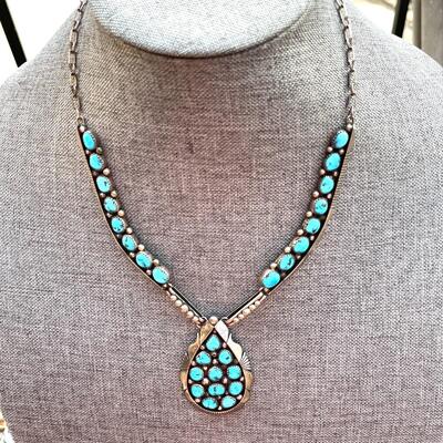 VINTAGE NATIVE AMERICAN NAVAJO STERLING SILVER & TURQUOISE SECTIONAL NECKLACE UNSIGNED