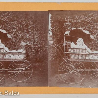 STEREOVIEW - EARLY 1900s BABY BUGGY and BABY!!