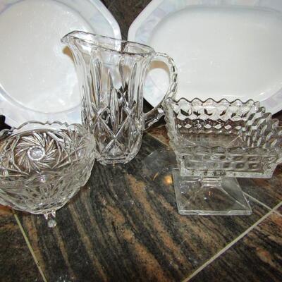 LOT 88  DINNERWARE, CRYSTAL PITCHER AND SERVING DISHES