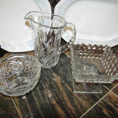 LOT 88  DINNERWARE, CRYSTAL PITCHER AND SERVING DISHES