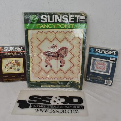 3 Cross Stitch Kits by Sunset: Bear in Bathtub, Carousel Horse, 