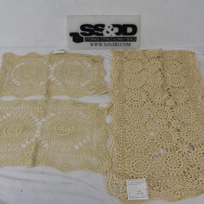 3 pc Handmade Lace in Cream/Tan: Two 11x17 & 1 Runner 16x54 - New