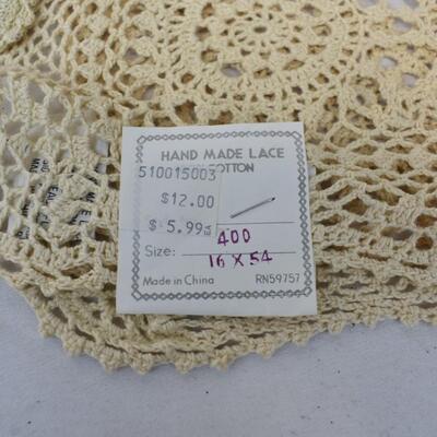 3 pc Handmade Lace in Cream/Tan: Two 11x17 & 1 Runner 16x54 - New