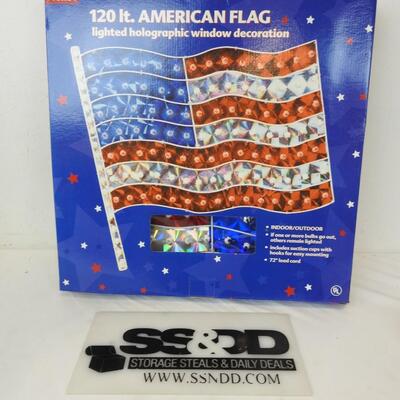 120 Light American Flag; Indoor/Outdoor lighted holographic window decoration