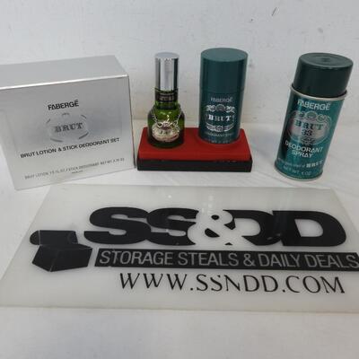 3 pc Faberge Brut Lotion, Stick Deodorant Set + Spray Deodorant, Unused - New