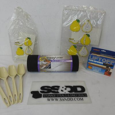 8 pc Kitchen: 2 Cutting Boards, Can Opener, Shelf Liner, Serving Spoons - New
