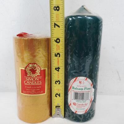 4  pc Pillar Candles: 2 Golden Snowflake, 1 Gold, 1 Green Balsam Pine - New