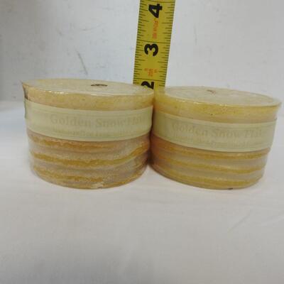 4  pc Pillar Candles: 2 Golden Snowflake, 1 Gold, 1 Green Balsam Pine - New