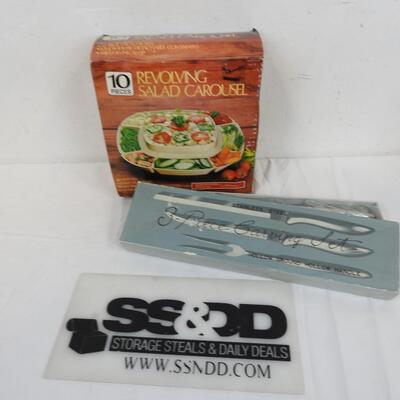 10 pc Revolving Salad Carousel, 3 pc Stainless Steel Carving Set - New