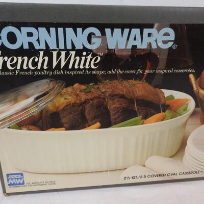 Corning Ware French White Covered Oval Dish, 4 Libbey 12 oz Glasses - New