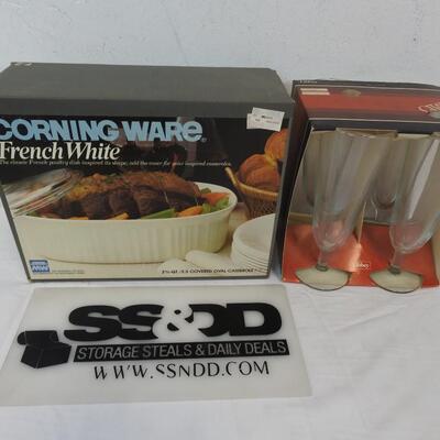 Corning Ware French White Covered Oval Dish, 4 Libbey 12 oz Glasses - New