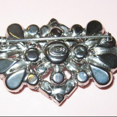 MS Vintage Weiss Rhinestone Pin Brooch Art Deco Design Clear Crystals Silver Tone