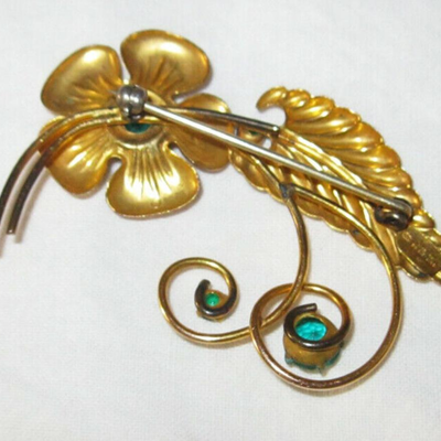 MS Vintage 1950s Sterling Silver Pin Brooch CM Green Stones Gold 1/20 12K Floral