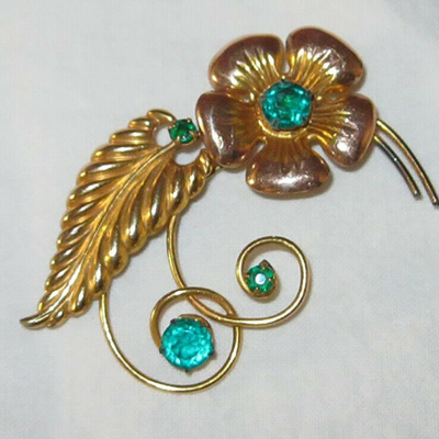 MS Vintage 1950s Sterling Silver Pin Brooch CM Green Stones Gold 1/20 12K Floral