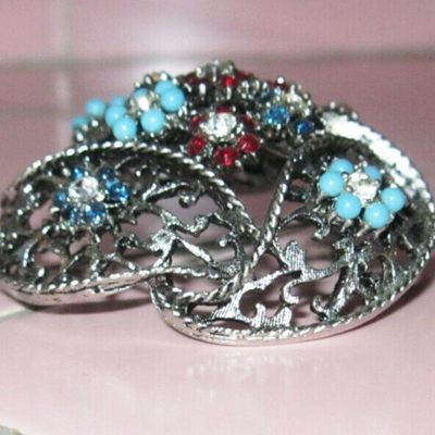 MS Vintage BSK Pin Brooch Flowers Red Blue Turquoise Crystal Silver Finish