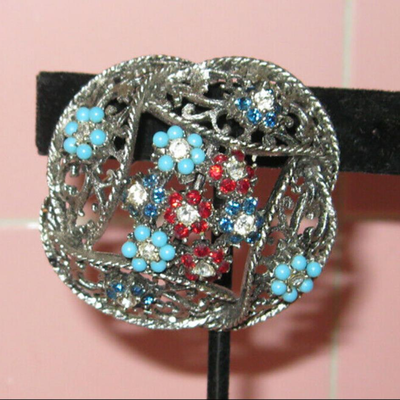 MS Vintage BSK Pin Brooch Flowers Red Blue Turquoise Crystal Silver Finish
