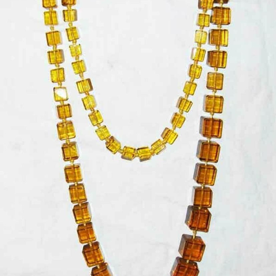 MS  Vintage Art Deco Czech 40" Glass Bead Necklace Cut Glass Cube Gold Amber Knoted