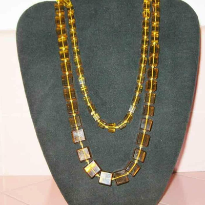 MS  Vintage Art Deco Czech 40" Glass Bead Necklace Cut Glass Cube Gold Amber Knoted