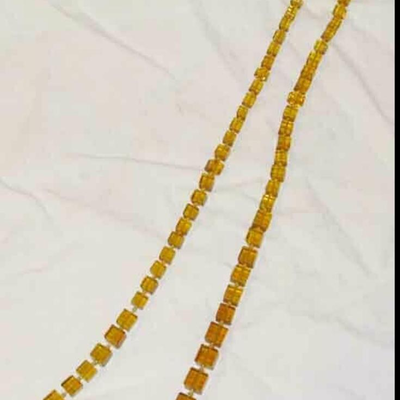 MS  Vintage Art Deco Czech 40" Glass Bead Necklace Cut Glass Cube Gold Amber Knoted