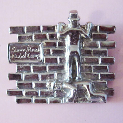MS Vintage Novelty Jewelry Pin Broach Sunny Pines Nudist Camp Silver Peeping Tom