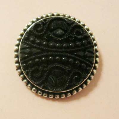 MS Vintage Sterling Silver Black Jet Mourning Pin Brooch Pendant Intaglio 1" Carved