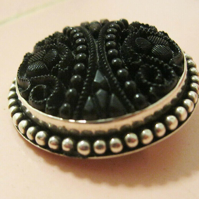 MS Vintage Sterling Silver Black Jet Mourning Pin Brooch Pendant Intaglio 1" Carved
