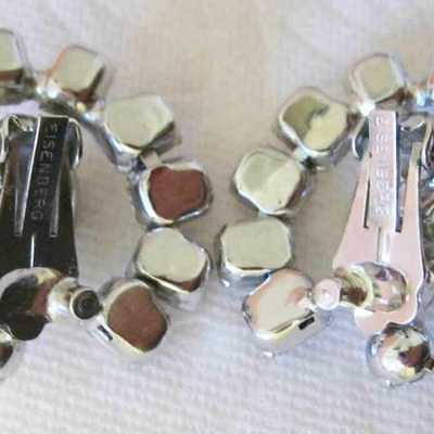 MS Vintage Signed Eisenberg Pair Earrings Clear Crystals Rhinestones Clip