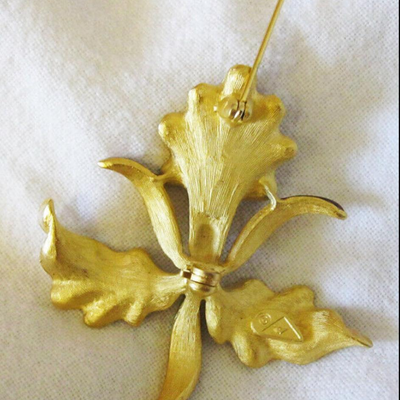 MS Orchid Pin Brooch Purple White Gold Tone Signed Enamel