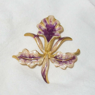 MS Orchid Pin Brooch Purple White Gold Tone Signed Enamel