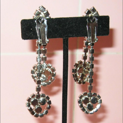 MS Pair Vintage Costume Jewelry Clear Rhinestone 3" Dangle Earrings Mid Mod Party Clip