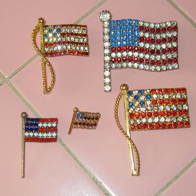 MS 5 Vintage Rhinestone USA Flag Pins Brooch Red White Blue Rafaelian Stars Stripes