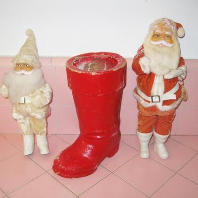 MS Vintage Christmas Decoration 2 Santa Figures Paper Mache Red Boot 13"