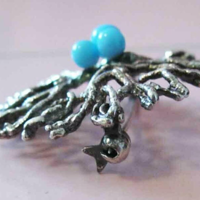 MS Danish Modern Pin Brooch Hermann Siersbol Sterling Silver Bird Nest Robin Eggs