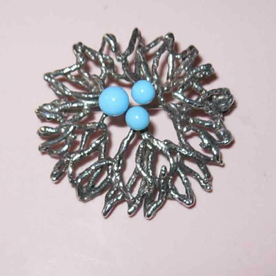 MS Danish Modern Pin Brooch Hermann Siersbol Sterling Silver Bird Nest Robin Eggs